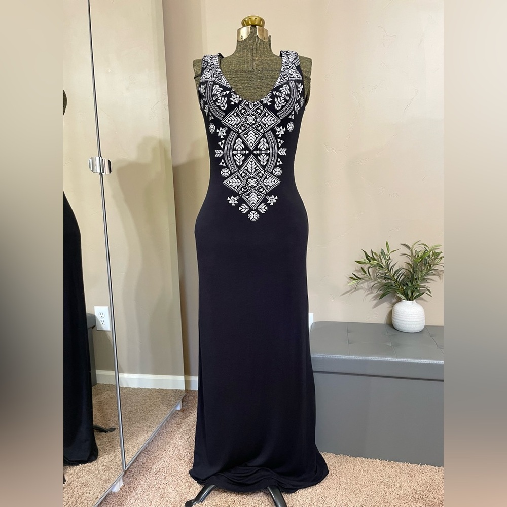 Y2K Black Bodycon Maxi Dress White Boho Print Sleeveless Stretch Slip Minimalist